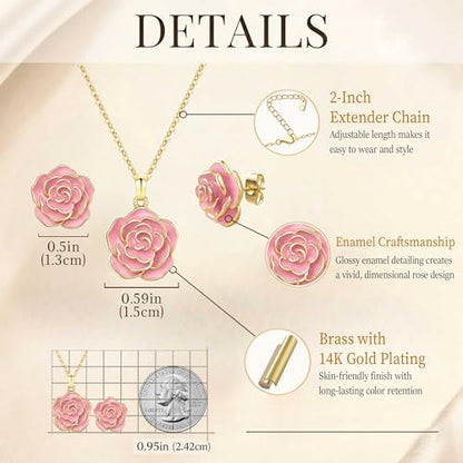 Enamel Rose Necklace and Earrings Jewelry Set for Women | 14K Gold Plated,Rose Represent: Love Gratitude Prid,Adjustable Chain Fit,Elegant Sets for Daily and Party Wear,Gift Box - color: Pink