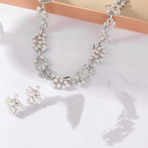 Fashion Bride Silver Gold Plated Black 1920s Leaf Faux Pearls Necklace Earrings Set Wedding Jewelry Set Sparkly Choker Necklace Stud Earrings Set for Women Christmas Gift Set for Women Necklace and Earrings - color: Silver