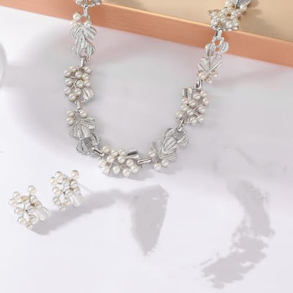 Fashion Bride Silver Gold Plated Black 1920s Leaf Faux Pearls Necklace Earrings Set Wedding Jewelry Set Sparkly Choker Necklace Stud Earrings Set for Women Christmas Gift Set for Women Necklace and Earrings - color: Silver