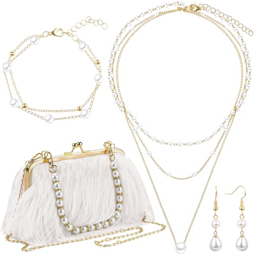 Liliaafar 4 Pcs Evening Clutch Purse with Pearl Jewelry Sets,Clutch Bag Pearl Earrings Necklace Bracelet for Wedding Party - color: White, style: Fluffy Feather