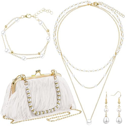 Liliaafar 4 Pcs Evening Clutch Purse with Pearl Jewelry Sets,Clutch Bag Pearl Earrings Necklace Bracelet for Wedding Party - color: White, style: Fluffy Feather