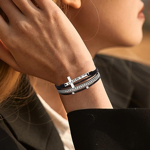 Fesciory Leather Wrap Bracelet for Women, Boho Western Layered Cuff Jewelry | Stackable Bracelets, Easy-On Clasp, Daily Wear, Pairs with Boho Western Outfits, Gift for Women - color: Black13