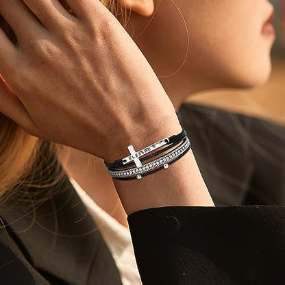 Fesciory Leather Wrap Bracelet for Women, Boho Western Layered Cuff Jewelry | Stackable Bracelets, Easy-On Clasp, Daily Wear, Pairs with Boho Western Outfits, Gift for Women - color: Black13