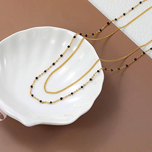 CHESKY 14K Gold Plated Silver Dainty Satellite Choker Necklace for Women | Layered Beaded Chain Necklace, Thin Choker Jewelry, Dainty Gold necklace, Minimalist Trendy Jewelry, Daily Gift for Women - style: black beads