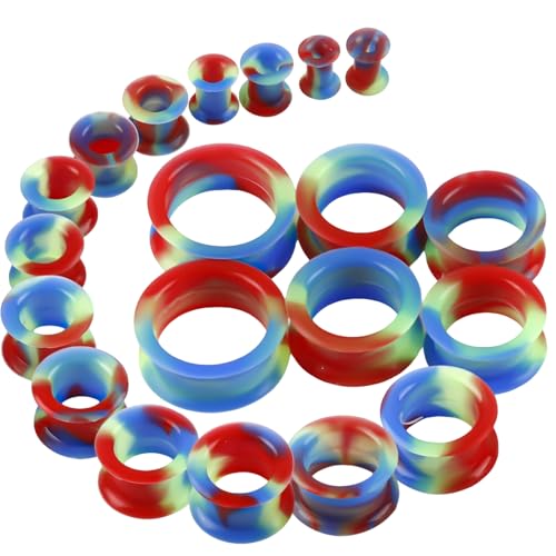 20Pcs Silicone Ear Gauges 2G-25mm Flexible Ear Tunnels Gauges Soft Expander Stretching Ear Plugs Tunnels Black Earring Piercings Jewelry for Men Women - color: Thick Blue and Green and Red Silicone