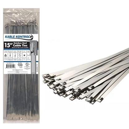 Kable Kontrol Stainless Steel Metal Zip Ties 15 Inch 100 Pcs HD 200Lbs Test | Heavy Duty Steel Cable Ties, Self-locking, Multi-Purpose, Outdoor and Indoor Use, High Temperature, Corrosion Resistant - size: 15" - 200 Lbs - 100 Pcs
