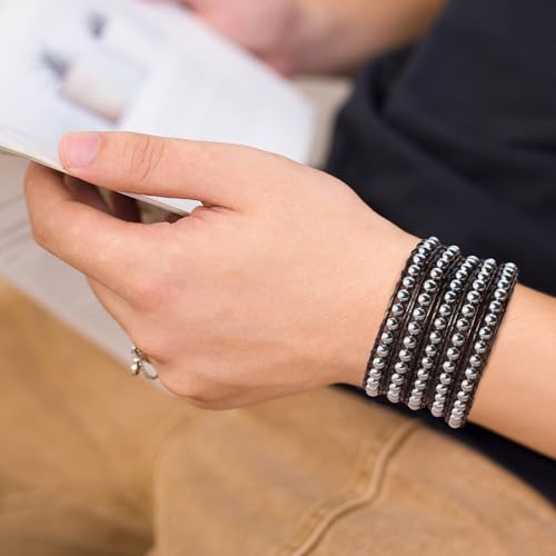 Genuine Stone Wrap Bracelets for Women Natural Crystal Beaded Wrap Bracelet 2/3/5 Adjustable Bohemian Bracelets Jewelry Gifts for Women Mom - color: hematite(5 wraps)