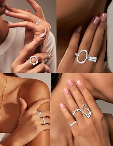 Fxiqini 12Pcs Gold Stackable Rings 18K Gold Plated Chunky Knuckle Finger Ring Geometric Bead Cloud Wave Flower Hollow Statement Bands Signet Open Rings for Women Adjustable Size 4-9 - color: B-Sliver