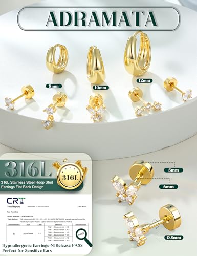 ADRAMATA Hypoallergenic Gold Earrings Stack for Women - 7Pairs Surgical Steel Small Chunky Huggie Hoops & Flat Back Stud Earrings Set Silver Cartilage Jewelry Trendy Christmas Gifts - style: Chunky - Gold