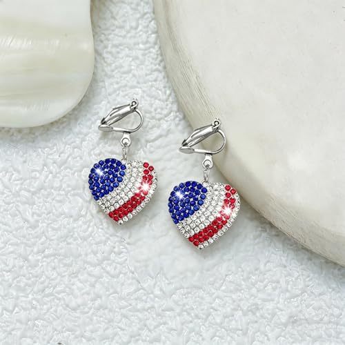 4th of July Independence Day Clip on Earring for Women American Flag Dangle Earrings Patriotic Red White Blue USA Earring, Pave Crystal Stud - color: blue