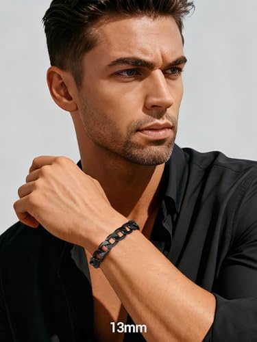 PROSTEEL Bracelets for Men, Figaro/Cuban Mens Bracelet, Silver/Gold/Black | 6/9/13mm Width, 7.5/8.3/9" Length, Stainless Steel Mens Bracelet, Durable & Non Tarnish, Chunky Jewelry with Gift Box - style: G 13mm-Cuban-Black