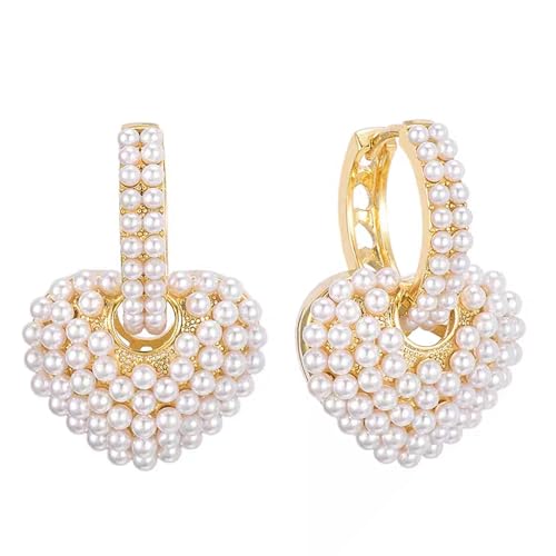 Pearl Hoop Earrings for Women | Unique Mismatched Gold and Silver Plated Pearl and Heart Dangle Earrings | Statement Hammered Gold Huggie Y2k Aesthetic Earrings