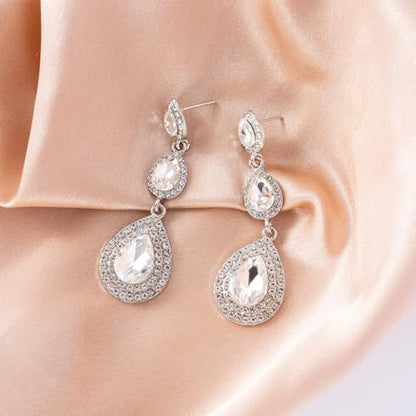 Elegant Rhinestone Statement Earrings Sparkly Cluster Crystal Drop Dangle Earrings Teardrop Chandelier Earrings Wedding Bridal Prom Earrings for Women - color: A:White