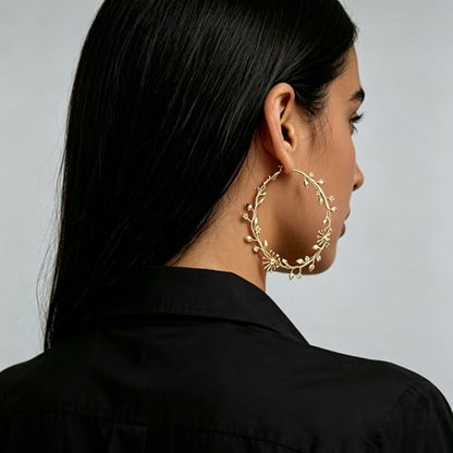 Gold Floral Hoop Earrings for Women, 14K Gold Plated Lightweight Leaf Flower Large Hoop Earrings, Hypoallergenic Fashion Statement Jewelry for Daily & Party Wear