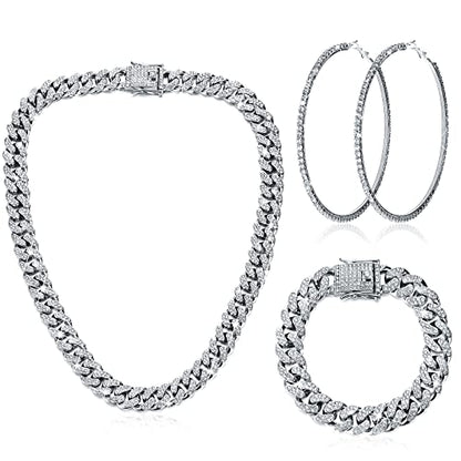 Batiyeer 3 Pcs Cuban Link Chain Necklace Bracelet Rhinestone Hoop Earrings Bling Crystal Hip Hop Jewelry for Women(22 Inch,Silver) - color: Silver, size: 22 Inch
