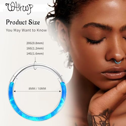 WBRWP 316L Stainless Steel Nose Hoop Rings Clicker with Zircon/Opal 14g-20g | Hypoallergenic Nose Rings Segment Clicker Lip Rings Cartilage Rook Conch Earrings Diameter 5mm-10mm - color: Flat silver ring with blue opal -1pc pack