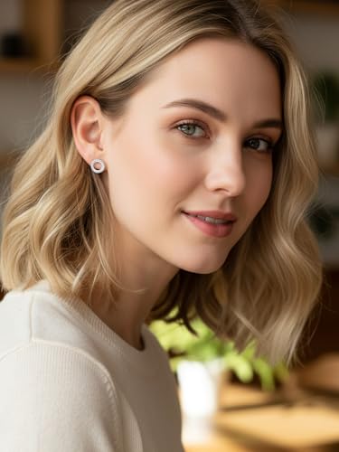 All Moissanites Sparkly Geometric Stud Earrings for Women, Solid 925 Sterling Silver with Rhodium/Gold Plated Hypoallergenic, Lightweight Comfy Earrings - color: Circle - White Gold