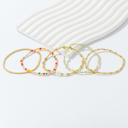 Dainty Gold Plated Pearl Crystal Beaded Bracelets Set for Women 14K Gold Plated Bead Pearl Beads Bracelet Stackable Paperclip Link Chain Bracelets Gold Plated Bracelets for Women Trendy Jewelry - color: Style9-multi layer3-5pcs