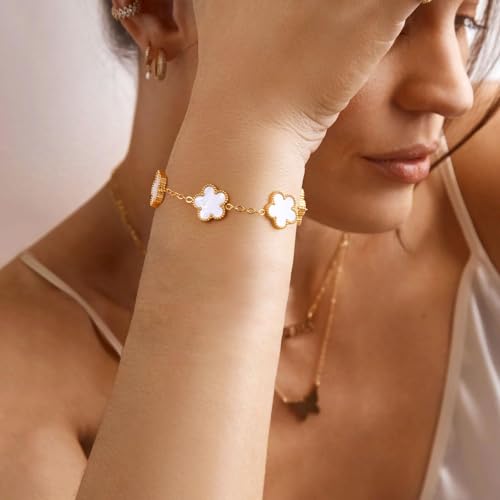 Women Gold Bracelets Jewelry Set - 3Pcs 18K Gold Plated Floral Bracelet,Stainless Steel Charm Bracelet Non-Tarnish,Adjustable Lucky Chain Trendy Gift,Christmas Valentines Birthday Gifts for Girlfriend - style: White-2pcs