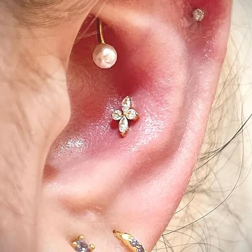 FINE4U 1PC ASTM F136 Titanium 16G Flatback Stud for Tragus, Helix, Conch 6mm 8mm - Screw on Cartilage Earring Piercing Jewelry - color: Four-Pointed Star C - Gold