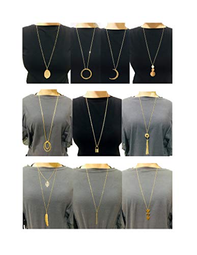 10Pcs Long Pendant Necklace Simple Moon Bar Three Triangle Tassel Lock Sweater Y Shape Punk Chain Choker Necklace for Women Men Gold Silver Plated - style: A:10Pcs Gold Tone