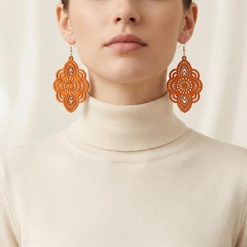 Boho Black Filigree Dangle Earrings for Women, Lightweight Hollow Lace Drop, Wood, 3.34" x 1.69", Bohemian Jewelry - color: Orange