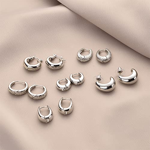 Wgoud 6 Pairs Chunky Gold Hoop Earrings for Women, 14K Gold Plated Hoop Earrings Hypoallergenic, Thick Lightweight Twisted Huggie Hoops Earring Set for Women’s Jewelry GIfts - color: 6 Prs Chunky Silver