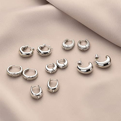 Wgoud 6 Pairs Chunky Gold Hoop Earrings for Women, 14K Gold Plated Hoop Earrings Hypoallergenic, Thick Lightweight Twisted Huggie Hoops Earring Set for Women’s Jewelry GIfts - color: 6 Prs Chunky Silver