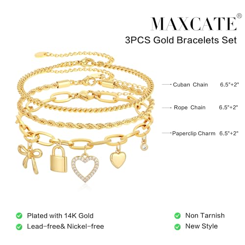 3PCS Charm Gold Bracelets for Women Non Tarnish,14k Plated Gold Bracelet Stack Cute Dainty Stackable Trendy Bow Cross Clover Bracelets Set Tarnish Free Gold Jewelry for Women Gifts - color: Lock-Gold