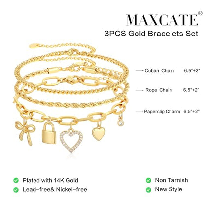 3PCS Charm Gold Bracelets for Women Non Tarnish,14k Plated Gold Bracelet Stack Cute Dainty Stackable Trendy Bow Cross Clover Bracelets Set Tarnish Free Gold Jewelry for Women Gifts - color: Lock-Gold