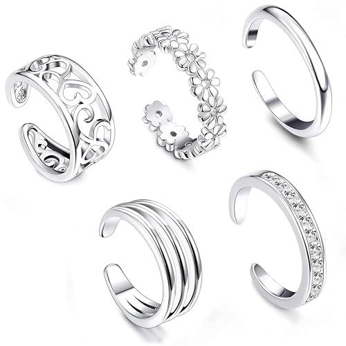 5 Pcs Filled Toe Rings for Women Non Tarnish Filled Toe Ring Adjustable Flower Cz Dainty Toe Ring Summer Beach Open Toe Rings Set Toe Jewelry Foot Jewelry(Gold,Silver,Rose Gold) - color: Silver