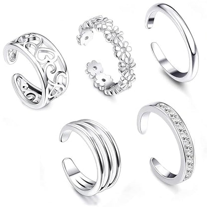 5 Pcs Filled Toe Rings for Women Non Tarnish Filled Toe Ring Adjustable Flower Cz Dainty Toe Ring Summer Beach Open Toe Rings Set Toe Jewelry Foot Jewelry(Gold,Silver,Rose Gold) - color: Silver