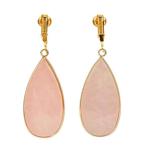 Aloha Earrings Non Pierced Gold Tone Clip On Natural Stone Teardrop Dangling Earrings - style: Rose Quartz