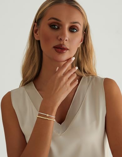 14K Gold Plated Bracelets for Women Dainty Tennis Initial Bracelet Trendy Beaded Stackable Charm Bracelets Layered Waterproof Bracelet Dainty Bracelet for Women Jewelry Gifts - style: R
