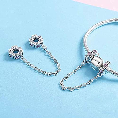 Heart Safety Chain Charms 925 Sterling Silver Love Beads fit Bracelet & Necklace - color: Pink