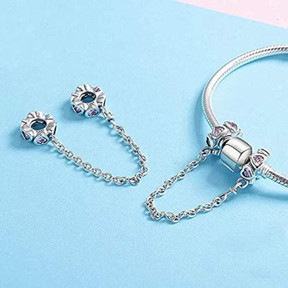 Heart Safety Chain Charms 925 Sterling Silver Love Beads fit Bracelet & Necklace - color: Pink