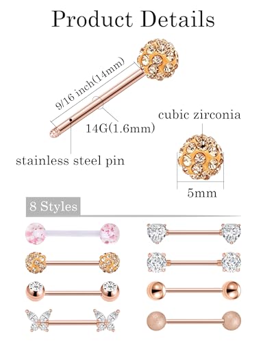 Akeoqi 8 Pairs Nipple Rings Tongue Ring 14G Stainless Steel CZ Ball Heart Butterfly Nipple Straight Barbells Body Piercing Jewelry for Women Men Silver Rose Gold Plated 14mm - color: A:Rose Gold, size: 14mm