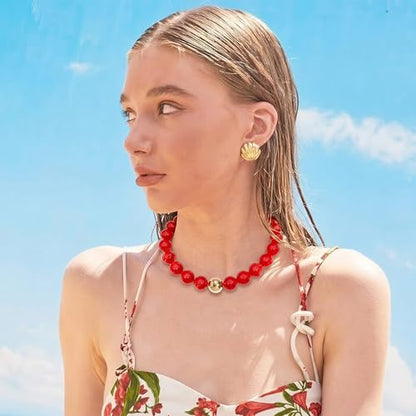 Multicolor Chunky Beaded Necklace, Statement Colorful Round Ball Beads Choker Necklace with Gold-Tone Adjustable Chain, Fashion Bold Neck Jewelry for Women - color: 16mm-Red