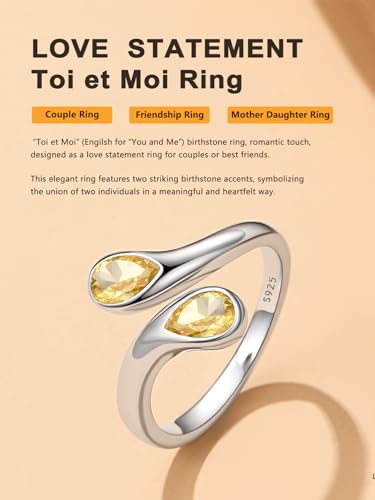 Bestyle Silver Birthstone Ring for Women, Dainty Sterling Silver Teardrop Ring Open Adjustable Band Ring, Love Statement TOI et Moi Ring Promise Ring for Her - color: 11.November ( Citrine)