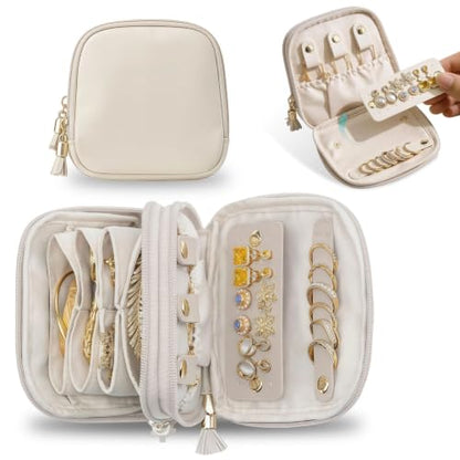 Travel Jewelry Case,2-Layer Jewelry Organizer,Gifts for Women Bride,travel jewelry box,travel jewelry pouch for Rings Earrings Necklaces Bracelets - Cream White