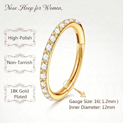 Staligue Nose Hoop ring - 316L Surgical Steel Nose Ring 16/18/20G Hinged Diamond Nose Ring Hoop Septum Clicker Rings Cartilage Earring Helix Rook Tragus Daith Piercing Jewelry for Women 6MM/8MM/10MM/12MM - color: Gold, size: 16G-12MM