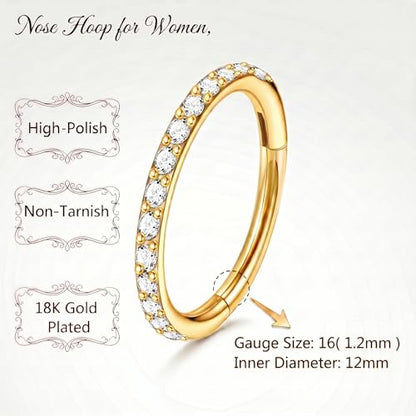 Staligue Nose Hoop ring - 316L Surgical Steel Nose Ring 16/18/20G Hinged Diamond Nose Ring Hoop Septum Clicker Rings Cartilage Earring Helix Rook Tragus Daith Piercing Jewelry for Women 6MM/8MM/10MM/12MM - color: Gold, size: 16G-12MM