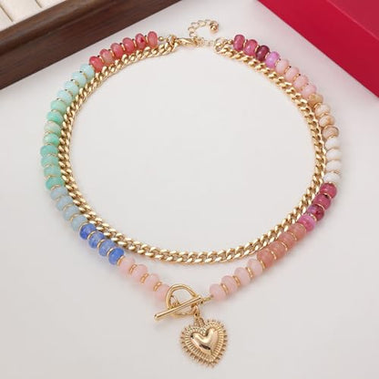 Colorful Acrylic Beaded Necklace For Women, Boho Double Layer Rainbow Beads Thick Cuban Chain Chunky Heart Pendant Statement Choker Summer Beach Jewelry Gift - color: Colorful Beaded Gold