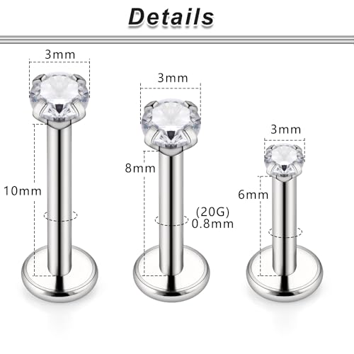 20G 18G 16G Titanium Flat Back Nose Rings Studs Hypoallergenic Lip Labret Monroe Medusa Internally threaded Tragus Cartilage Helix Earrings Studs Piercing Jewelry for Women Men 6mm 8mm 10mm - color: 18G -Flat Back With Screw on Tops+Clear CZ