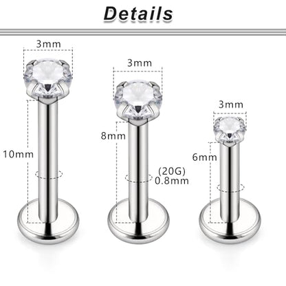 20G 18G 16G Titanium Flat Back Nose Rings Studs Hypoallergenic Lip Labret Monroe Medusa Internally threaded Tragus Cartilage Helix Earrings Studs Piercing Jewelry for Women Men 6mm 8mm 10mm - color: 18G -Flat Back With Screw on Tops+Clear CZ