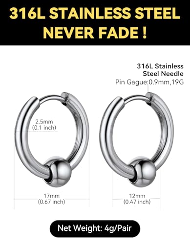 ChainsHouse Stud Earrings for Men Women,316L Stainless Steel/14K Gold/Black Plated Metal, Punk Hypoallergenic Surgical Huggie Hoop Earrings Mens Jewelry Piercing Hoop Earrings - style: B: Silver-Bead Hoop(1 Pair)
