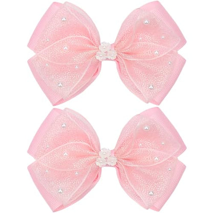KISZU 4.5 Inch Flower Hair Bows Clips Mermaid Pearl HairPins for Girls Children Teens and Women - color: Pink