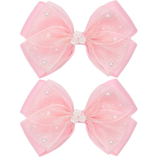 KISZU 4.5 Inch Flower Hair Bows Clips Mermaid Pearl HairPins for Girls Children Teens and Women - color: Pink