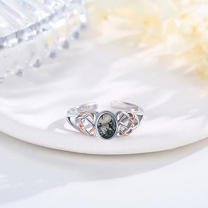 PRAYMOS 925 Sterling Silver Ring Birthstone Ring Turquoise Moss White Opal Ring for Women Celtic Knot Open Adjustable Thrumb Ring - color: multi-moss
