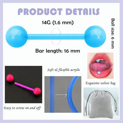 Acrylic Tongue Barbells Rings Candy Color Tongue Piercing Jewelry | 14G Plastic Nipple Ring Colorful Tongue Bars for Women Men - style: Classic